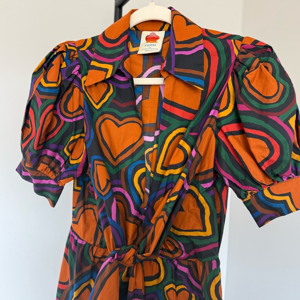 Farm Rio Anthropologie Heart Print Tie Front Mini Dress XS Puff Sleeve - Picture 3 of 8